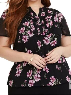 Torrid Chiffon Floral Pintuck Blouse Button Front Bubble Hem Top Pink Black 2X